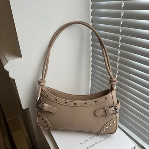 Women Vintage Baguette Underarm Bag PU Leather Rivets Buckles Crossbody Shoulder Bag Y2K Punk Style