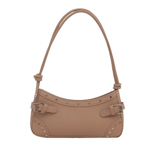 Vintage nude leather baguette shoulder bag with silver studs and knot strap detail