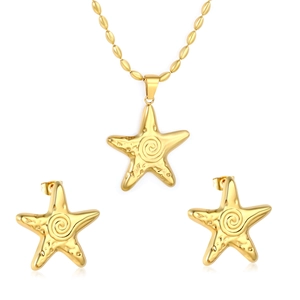 Golden starfish jewelry set with textured spiral necklace and matching stud earrings