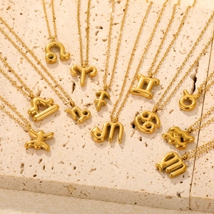 Golden 18K stainless steel 12 Zodiac bubble pendant necklaces set on stone background