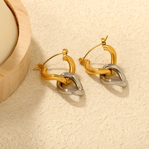 Stainless Steel Two-Tone Interlocking Chain Hoop Earrings Geometric Minimalist Fashion Women