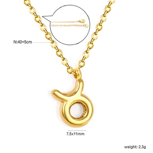 Detail view of 18k gold Taurus zodiac necklace with lobster clasp and dimension labels