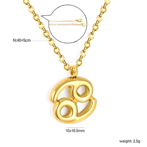 Detail of 18k gold plated stainless steel Cancer zodiac necklace with dimensions