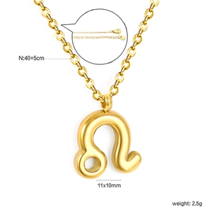 Macro view of 18k gold plated Leo zodiac pendant with dimensions and s.steel hallmark