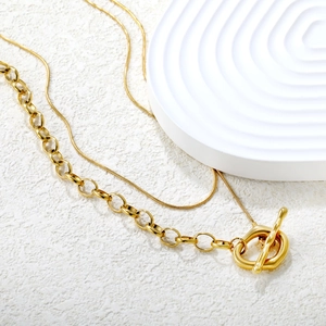 18k gold plated double layer necklace with thick link chain, snake chain and toggle OT clasp