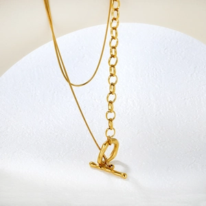 Minimalist double layer 18k gold plated necklace with toggle clasp and snake chain