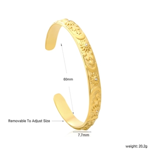 Bracelet jonc ajustable en forme de C avec gravures soleil et lune, finition dorée