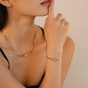 Runder Zirkonia Anhänger Halskette Und Armband 18K Vergoldet Edelstahl Panzerkette Hip Hop Minimalistischer Schmuck