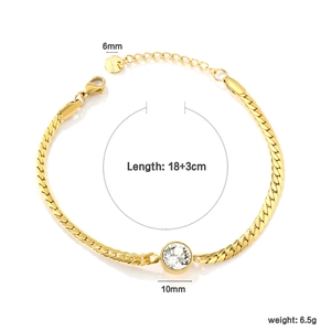 Goldenes Schlangenarmband mit rundem weißem Kristall und Größenangaben im Detail