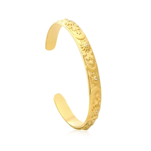 Bracelet jonc ouvert doré 18K avec relief céleste soleil lune étoile et zircons