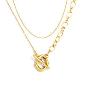 18K gold plated stainless steel layered necklace with oval pendant and toggle clasp closure