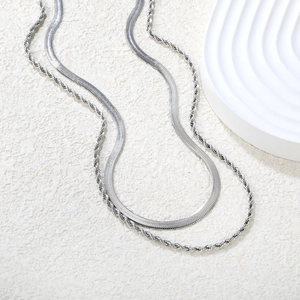 Collier double rang argenté avec chaîne serpent et chaîne corde en acier inoxydable poli