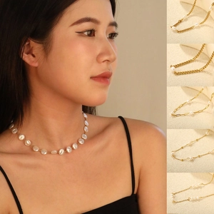 Elegante zoetwaterparelketting met gouden roestvrijstalen schakels voor dames