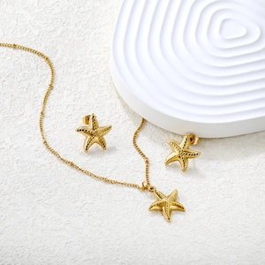 Starfish Jewelry Set Necklace And Earrings Stainless Steel Gold Plated Ocean Beach Vacation Style Women