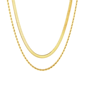 Collier double rang en acier inoxydable plaqué or 18 carats avec maille serpent et corde