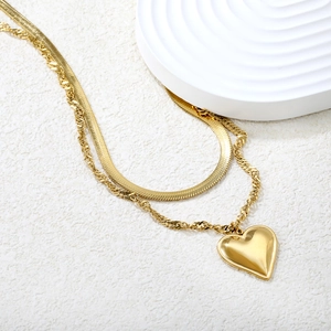Collier double rang en acier inoxydable doré 18K avec pendentif cœur et chaîne serpent