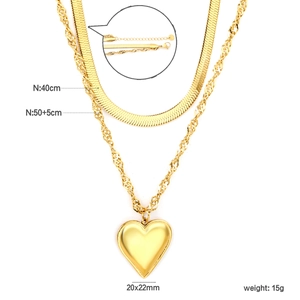 Collier double rang en acier inoxydable avec chaîne serpent et pendentif cœur