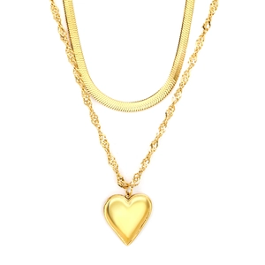 Collier double rang en acier inoxydable plaqué or 18 carats avec chaîne serpent et pendentif cœur