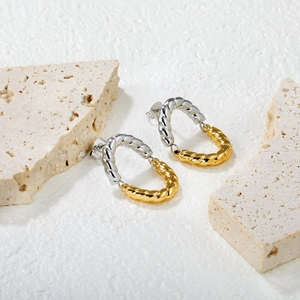 Minimalist twisted geometric hoop earrings in two-tone gold and silver stainless steel
