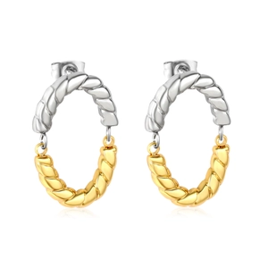 Two-tone oval twist hoop earrings in silver and gold stainless steel finish