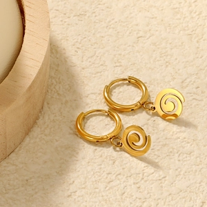 18K gold plated stainless steel hoop earrings with spiral pattern charms for women