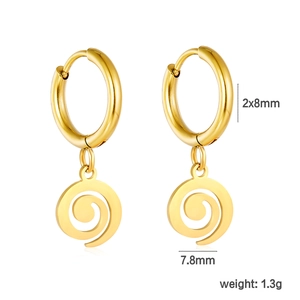 Detailed size view of golden spiral hoop earrings in stainless steel with 7.8mm pendant