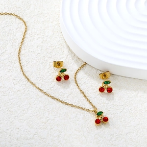 Sparkling cherry necklace and earrings jewelry set with red crystals in gold finish