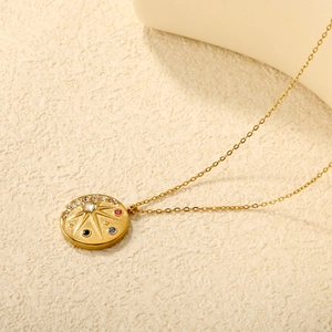 18K gold plated stainless steel sunburst pendant necklace with multicolored gemstones
