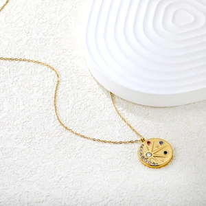 18K gold plated stainless steel necklace with multi-colored gemstone starburst coin pendant