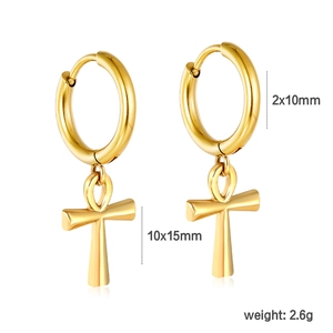 18k gold plated stainless steel hoop earrings with Ankh cross pendants on white background