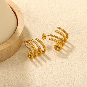 Elegant 18K gold plated geometric multi-layer claw stud earrings with white zircon accents