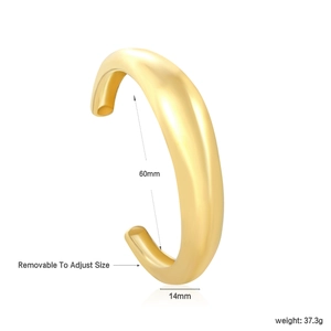 Adjustable 14mm thick gold cuff bracelet with 60mm inner diameter and 37.3g weight