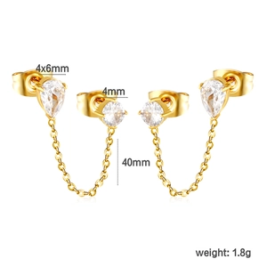Gouden dubbele piercing ketting oorbellen met witte zirkoon druppel en ronde studs