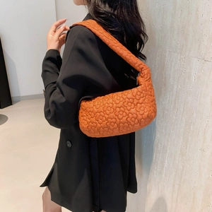 Orange-brown quilted flower shoulder bag with stylish nylon texture for women
