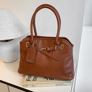 Sac à Main Femme en Cuir PU Grande Capacité Rétro Minimaliste Business Commuter Tote Bag Couleur Unie Style Boston Boucle Dorée