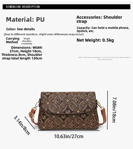 Tabella delle taglie dettagliata per la borsa a tracolla marrone con dimensioni e cinturino