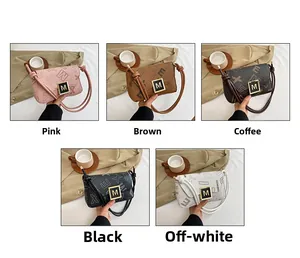 Collage of leather crossbody square bags in five colors with golden M metal buckle
