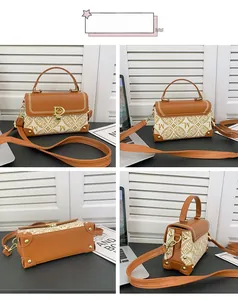Vues détaillées du sac bandoulière vintage avec monogramme et bords en cuir tressé