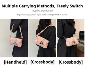 Three-way view of pink leather underarm bag with monogram pattern and gold M clasp