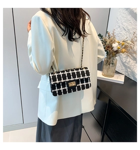 Détail d'un sac à bandoulière en tweed à carreaux noir et blanc avec fermoir doré