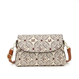 Borsa a tracolla vintage monogram beige e marrone con stampa 1987 e hardware oro