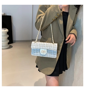 Détail du sac à bandoulière en tweed beige avec chaîne dorée et fermoir carré en métal