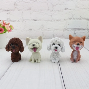 Set of 4 resin bobblehead car dogs including Poodle, Frenchie, Bichon, and Shiba Inu