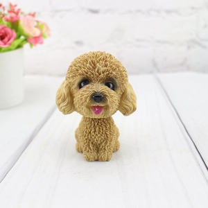 Macro detail of dark brown resin poodle bobblehead with realistic curly fur texture