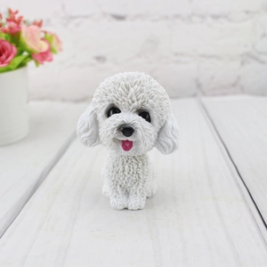 Macro detail of a white resin bobblehead dog with realistic fur texture and cute expression