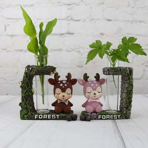 Creative deer flower pot with glass hydroponic vase and resin forest base for home decor