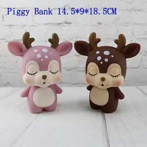 Cute cartoon deer piggy bank set in pink and brown, vinyl gift decor, 14.5x9x18.5CM