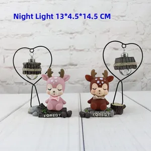 Creative forest deer night light with black heart stand and spherical wood grain bulb