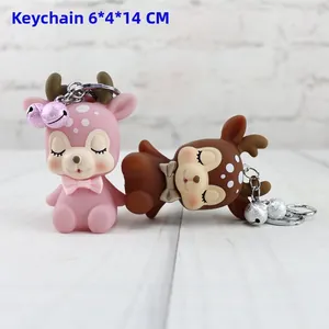 Pink and brown deer keychain ornaments with bells and bows, size 6x4x14CM details