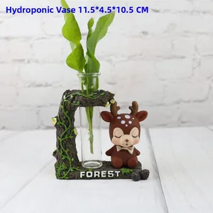 Hydroponic glass tube vase with cute cartoon deer and tree base, size 11.5x4.5x10.5cm